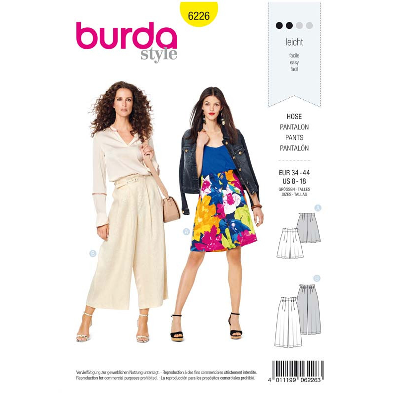 Patron Burda 6226 - Bermuda femme ou pantalon façon jupe - culotte taille haute