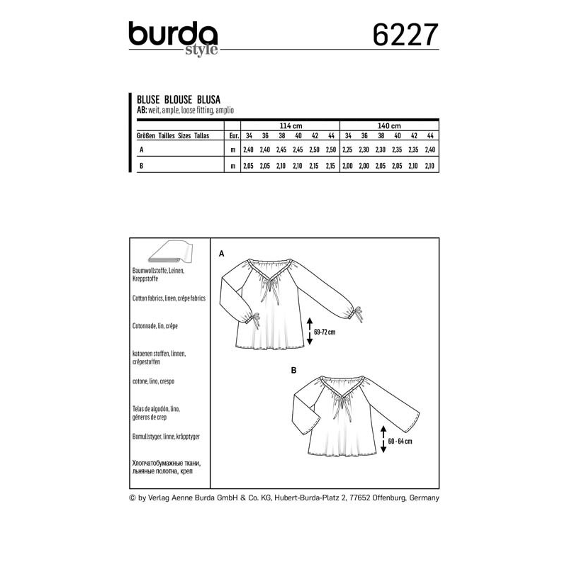 Patron Burda 6227 - Blouse ou tunique femme Carmen – coulisse à ruban