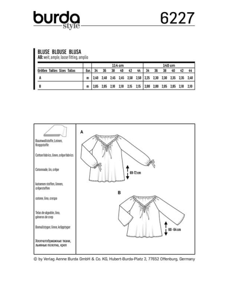 Patron Burda 6227 - Blouse ou tunique femme Carmen – coulisse à ruban