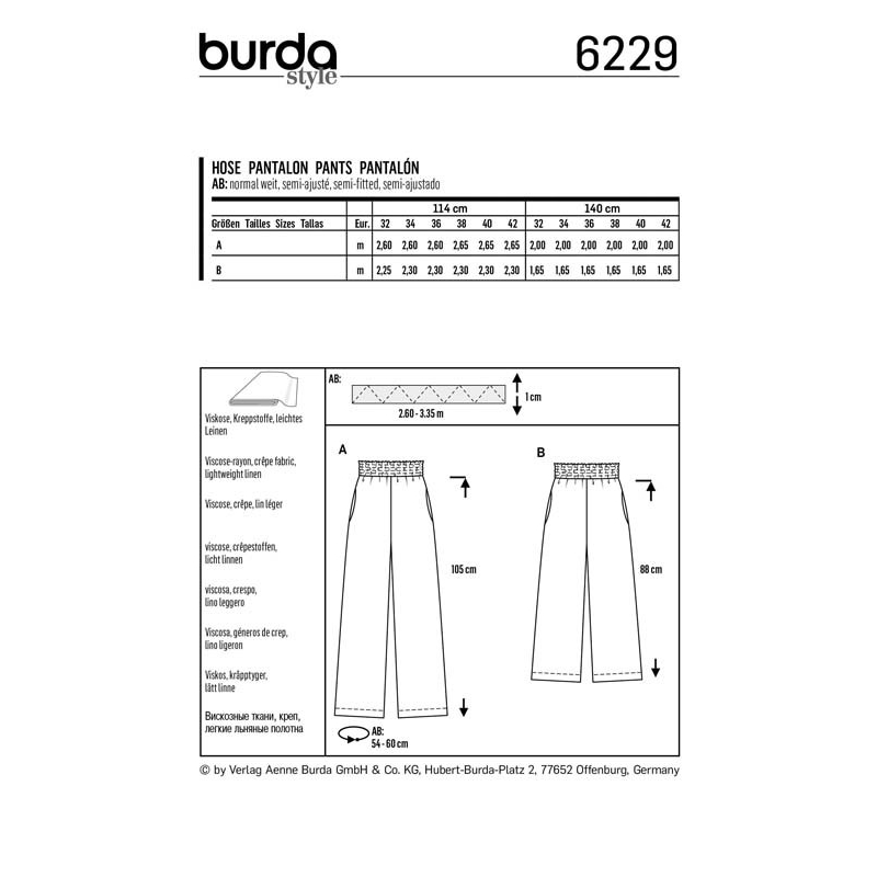 Patron Burda 6229 - Pantalon femme et pantacourt à coulisse élastique jambes amples