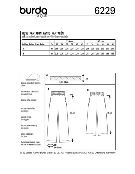 Patron Burda 6229 - Pantalon femme et pantacourt à coulisse élastique jambes amples