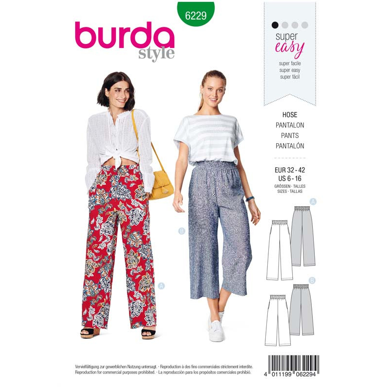 Patron Burda 6229 - Pantalon femme et pantacourt à coulisse élastique jambes amples