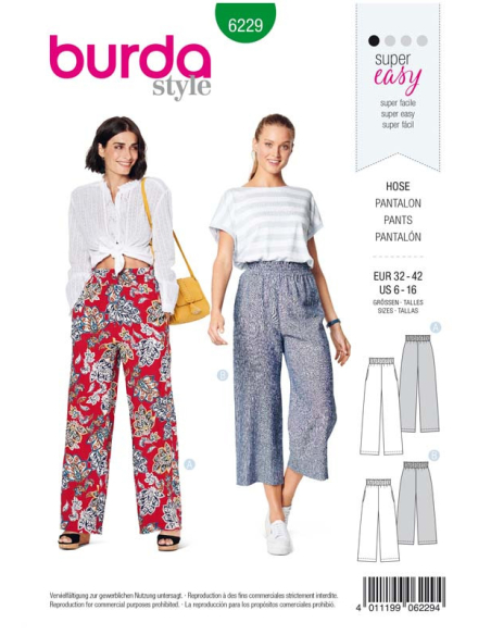 Patron Burda 6229 - Pantalon femme et pantacourt à coulisse élastique jambes amples