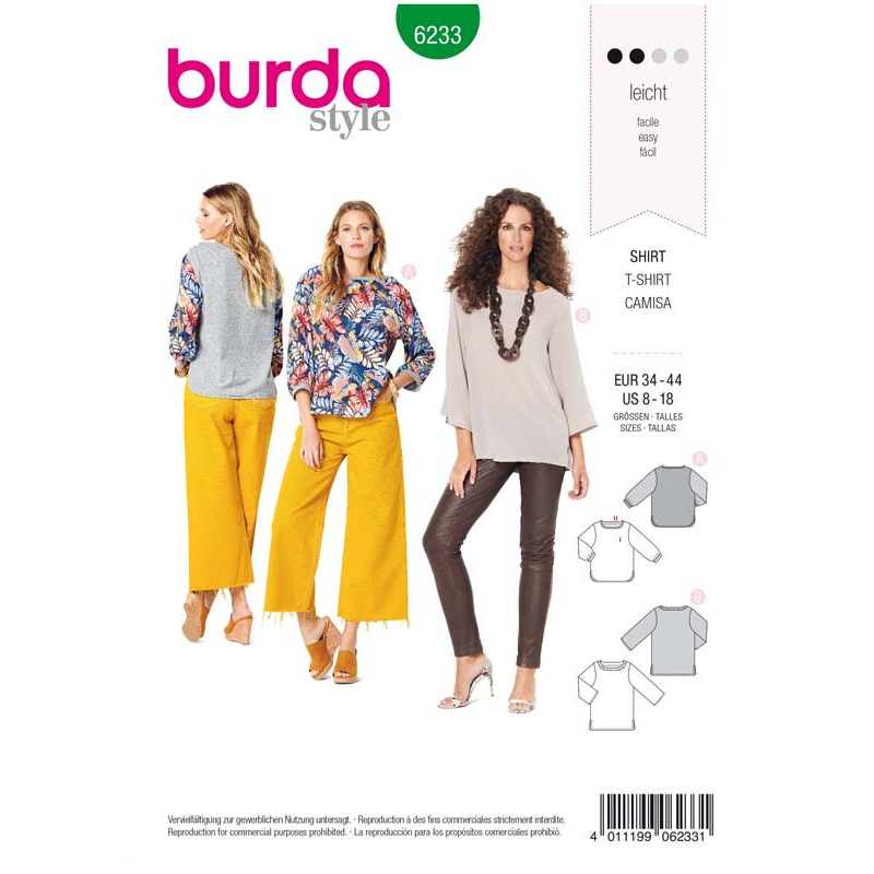 Patron Burda 6233 - Blouse t-shirt femme manches 3/4