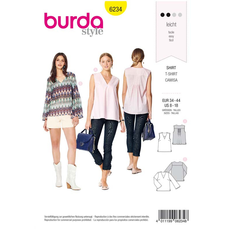 Patron Burda 6234 - Blouse femme encolure en V avec ou sans manches longues