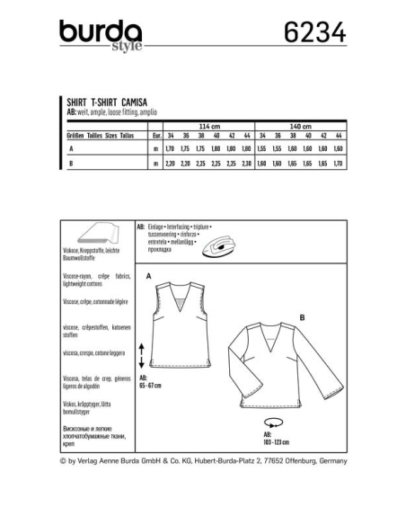 Patron Burda 6234 - Blouse femme encolure en V avec ou sans manches longues