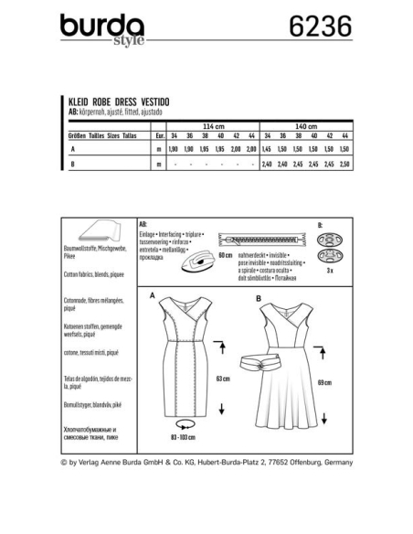 Patron Burda 6236 - Robe crayon à effet croisé, encolure portrait en V épaules tombantes