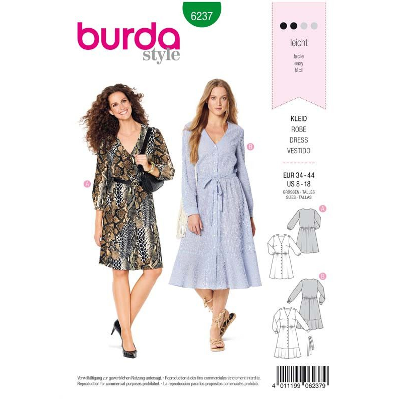 Patron Burda 6237 - Robe femme style chemisier – encolure en V