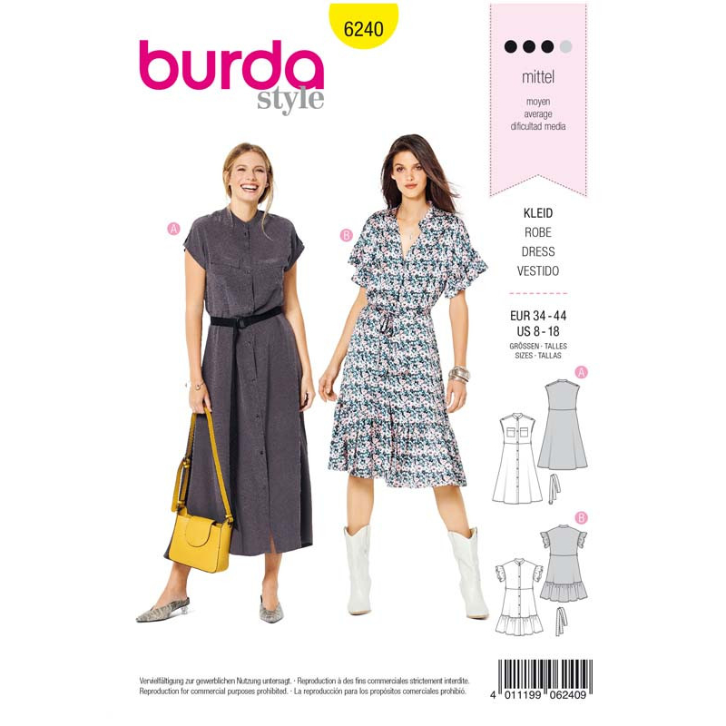 Patron Burda 6240 - Robe femme chemise – col droit – volants