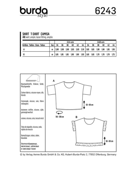 Patron Burda 6243 - T-Shirt femme carré, avec ou sans volants