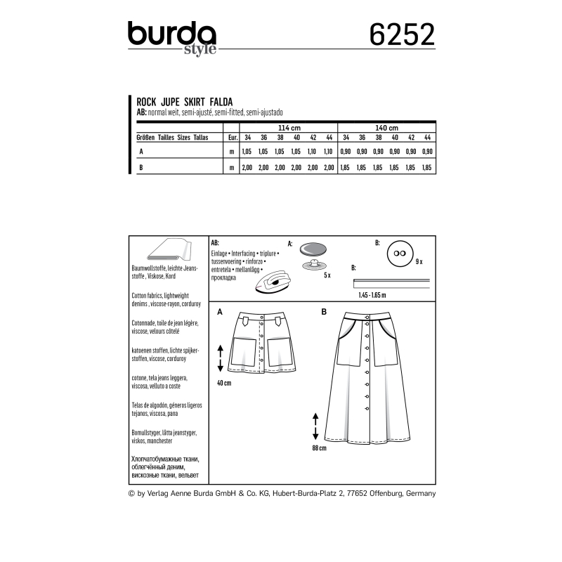Patron Burda 6252 - Jupe évasée pour femmes