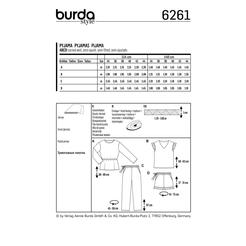 Patron Burda 6261 - Pyjama et pyjashort pour femmes