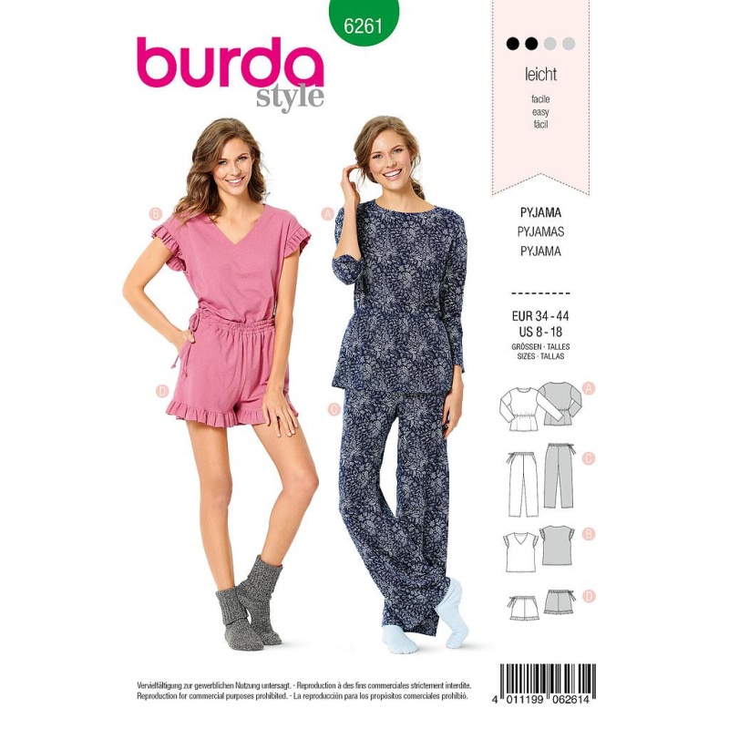 Patron Burda 6261 - Pyjama et pyjashort pour femmes