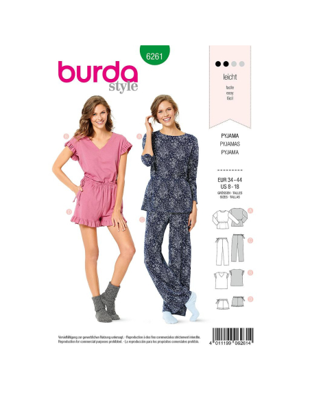 Patron Burda 6261 - Pyjama et pyjashort pour femmes