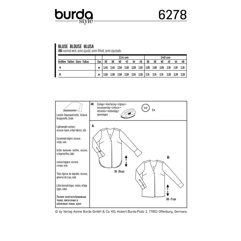 Patron Burda 6278 - Blouse à longues manches