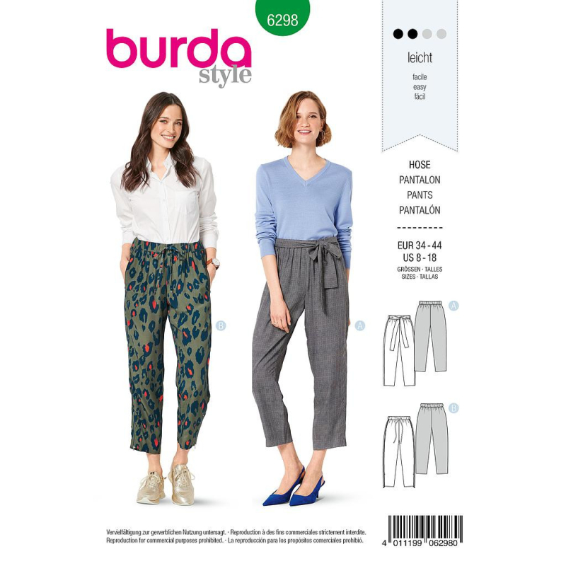 Patron Burda 6298 - Pantalon à taille élastique pour femmes