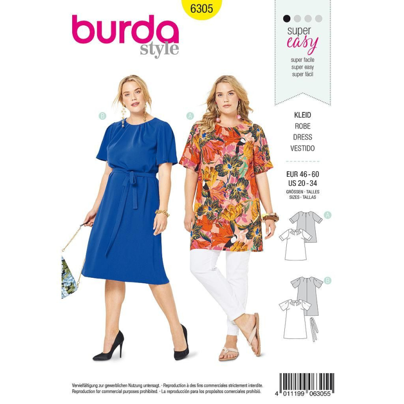 Patron Burda 6305 - T-Shirt, tunique ou robe de femmes