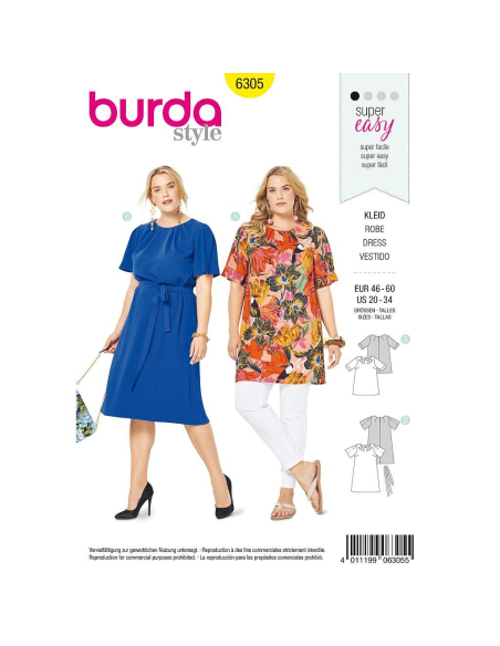 Patron Burda 6305 - T-Shirt, tunique ou robe de femmes