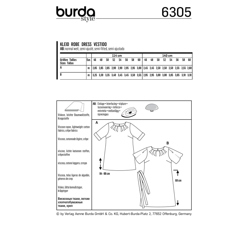 Patron Burda 6305 - T-Shirt, tunique ou robe de femmes