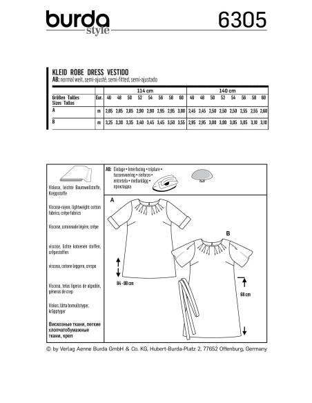 Patron Burda 6305 - T-Shirt, tunique ou robe de femmes