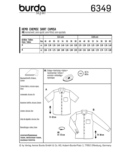 Patron Burda 6349 - Chemise Hommes