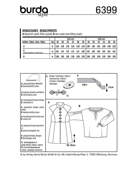 Patron Burda Carnaval 6399 - Déguisement Historique Renaissance - Homme