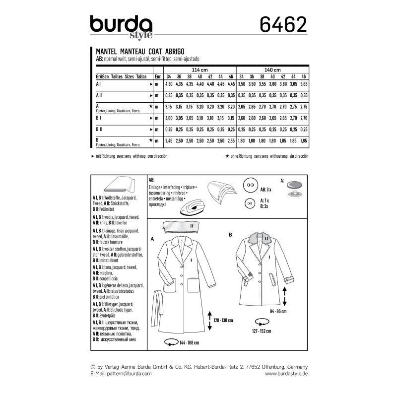 Patron Burda 6462 - Manteau