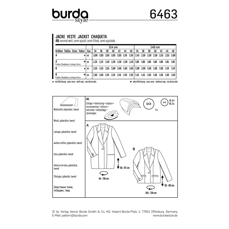 Patron Burda 6463 - Veste