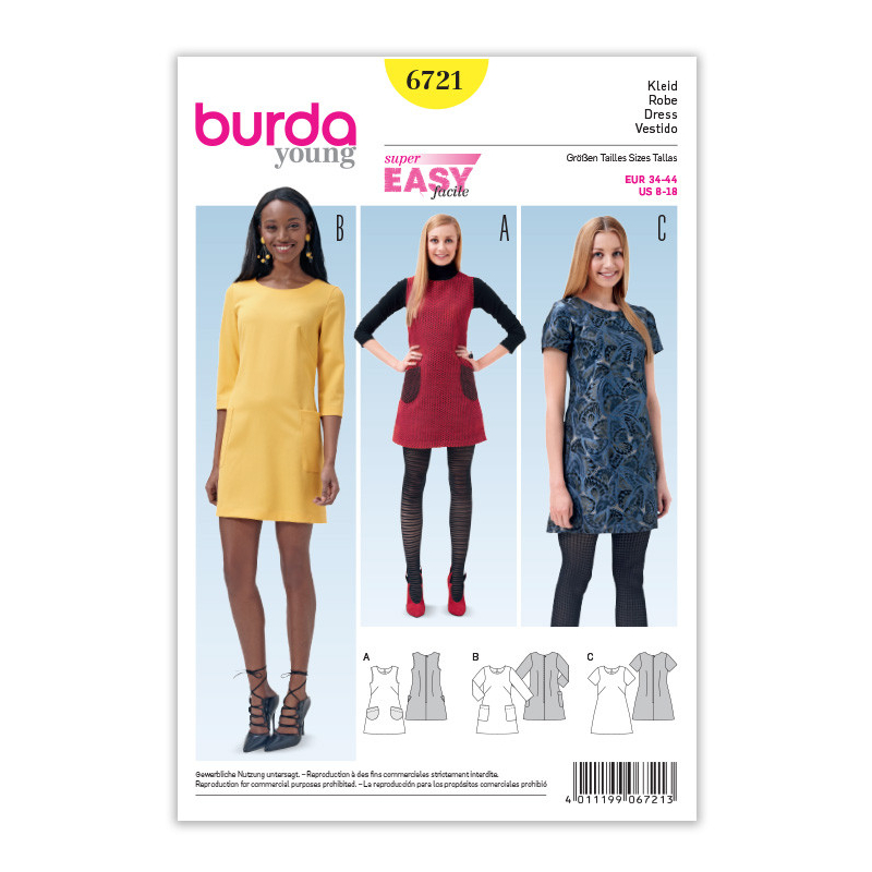 Patron Burda 6721 - Robe droite légèrement évasée avec variations de manches