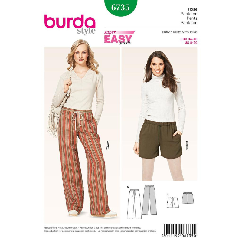 Patron Burda 6735 - Pantalon et short Femme avec coulisse et cordon