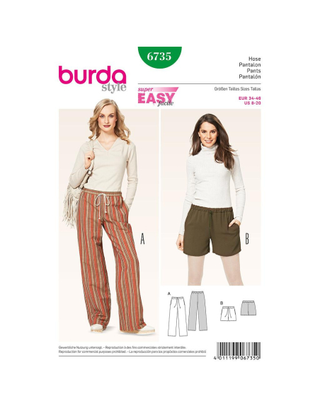 Patron Burda 6735 - Pantalon et short Femme avec coulisse et cordon