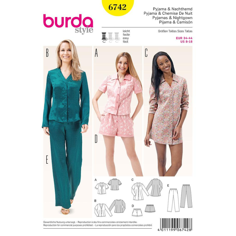 Patron Burda 6742 : Pyjama et chemise de nuit Femme