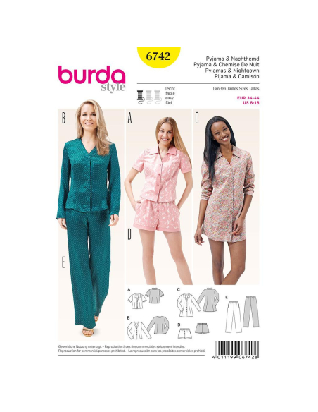 Patron Burda 6742 : Pyjama et chemise de nuit Femme