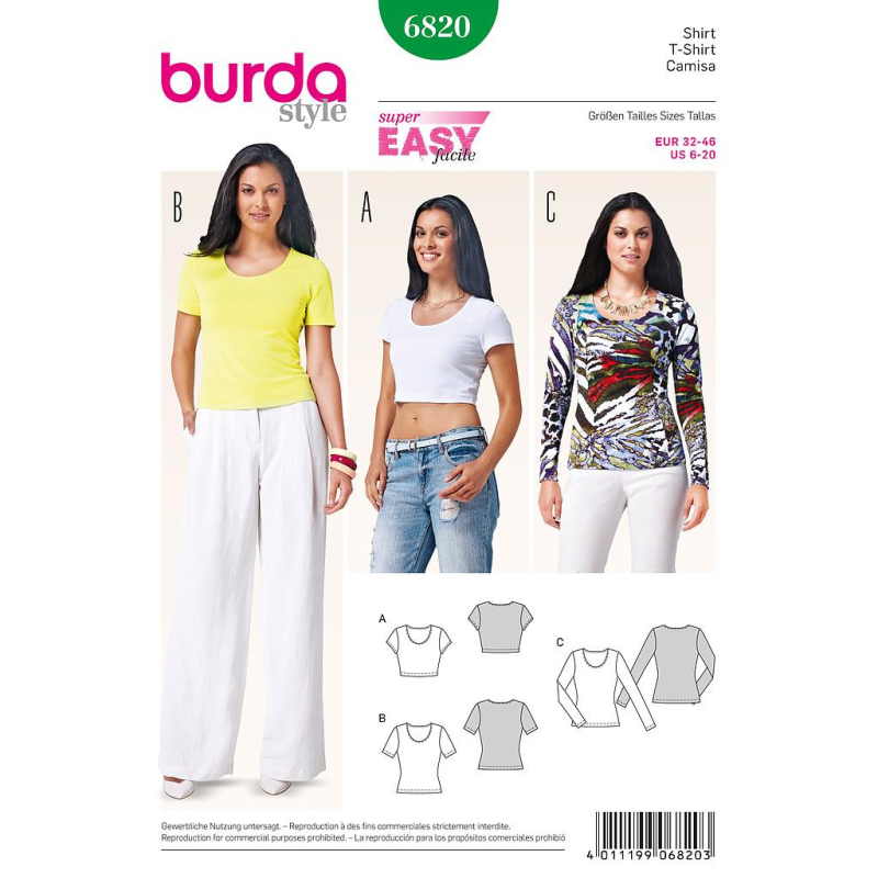 Patron Burda 6820 - T-shirt Femme encolure ronde avec variation de longueur