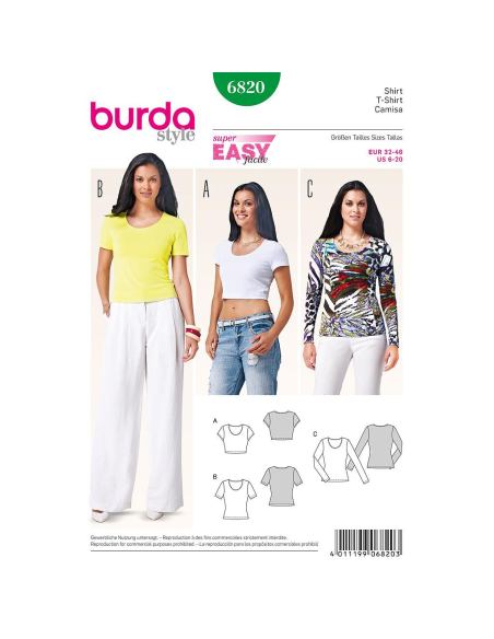 Patron Burda 6820 - T-shirt Femme encolure ronde avec variation de longueur