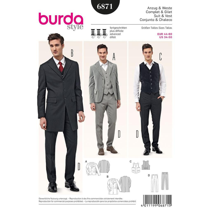 Patron N°6871 Burda : Costume complet et gilet