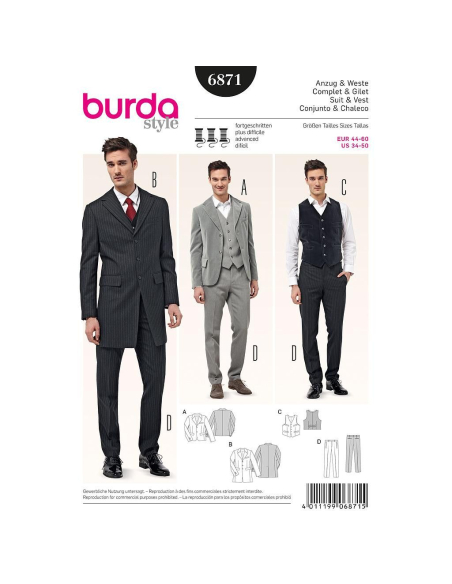 Patron N°6871 Burda : Costume complet et gilet
