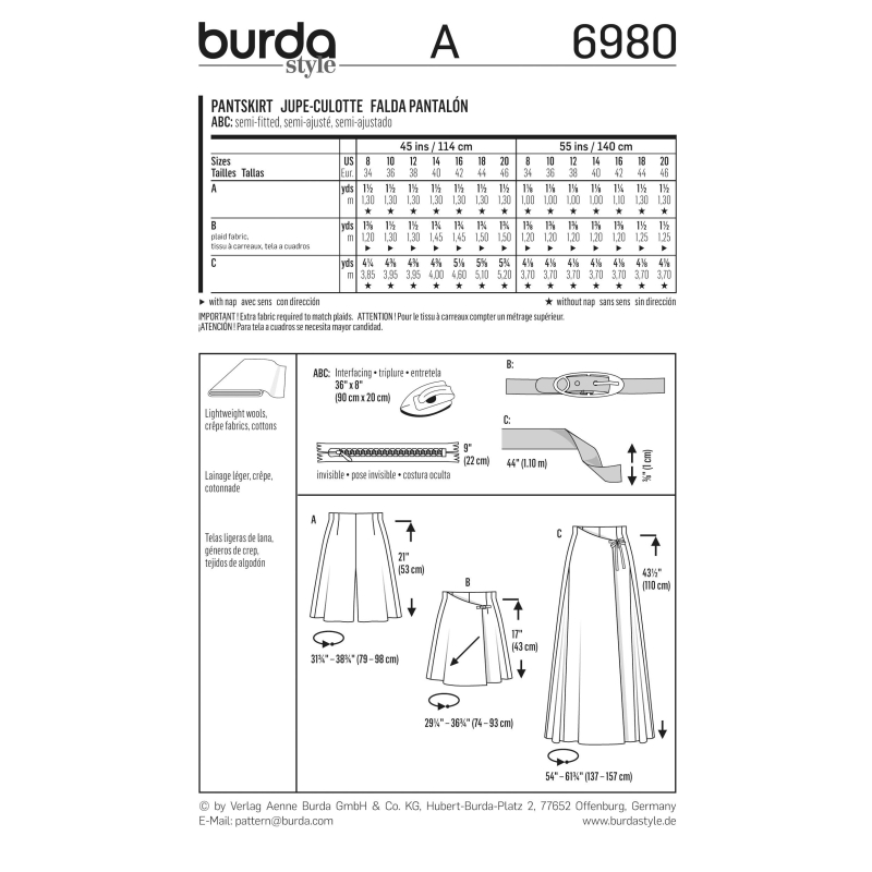 Patron Burda 6980 - Jupe - culotte
