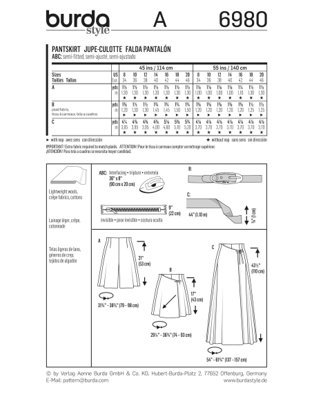 Patron Burda 6980 - Jupe - culotte