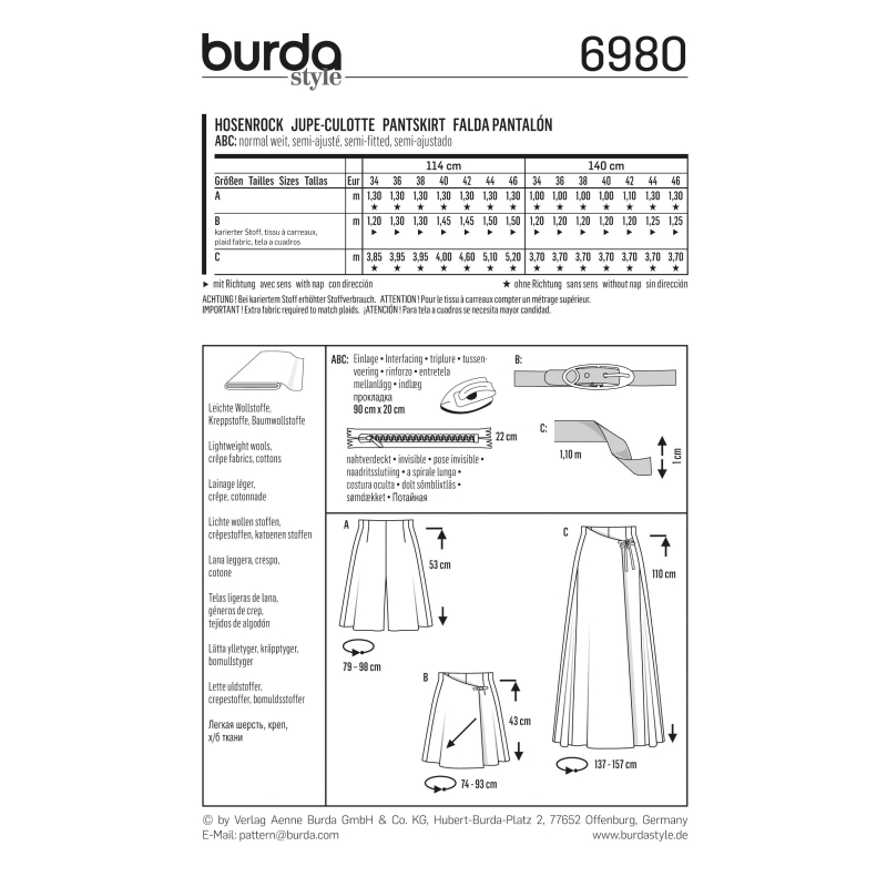 Patron Burda 6980 - Jupe - culotte