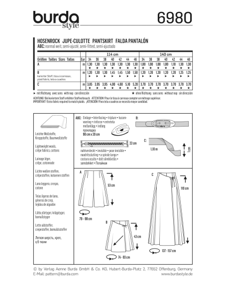 Patron Burda 6980 - Jupe - culotte
