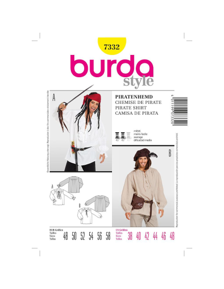 Patron Burda Carnaval 7332 - Déguisement Historique Chemise de pirate