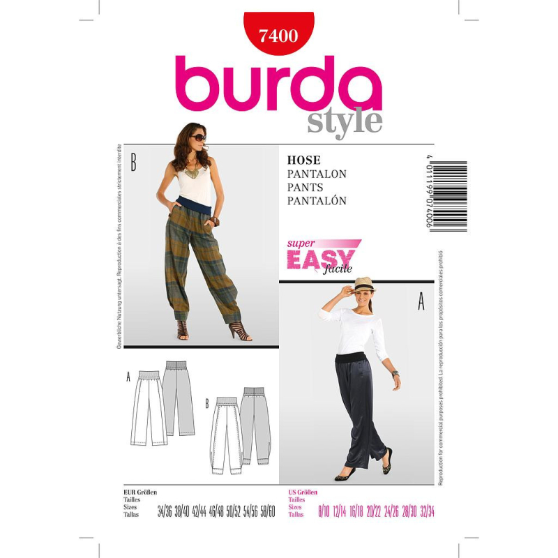 Patron Burda 7400 - Pantalon Large Femme sur bande élastique