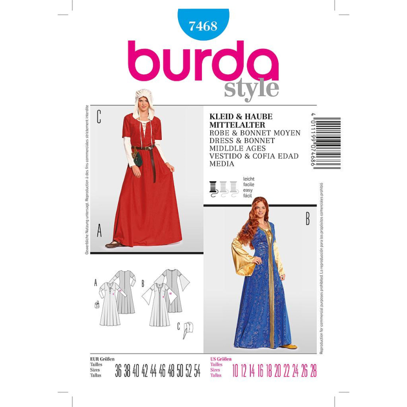 Patron Burda Carnaval 7468 - Déguisement Historique Robe, bonnet Moyen - Âge