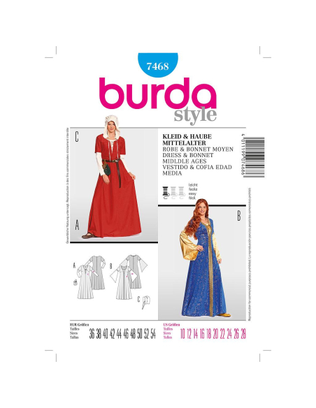 Patron Burda Carnaval 7468 - Déguisement Historique Robe, bonnet Moyen - Âge