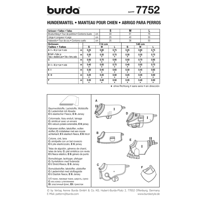 Patron Burda 7752 - Idée Creative Manteau pour chien
