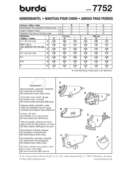 Patron Burda 7752 - Idée Creative Manteau pour chien