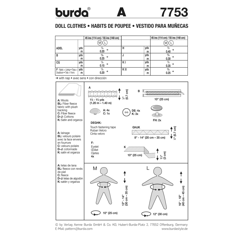 Patron Burda Creative 7753 - Vêtements de poupées