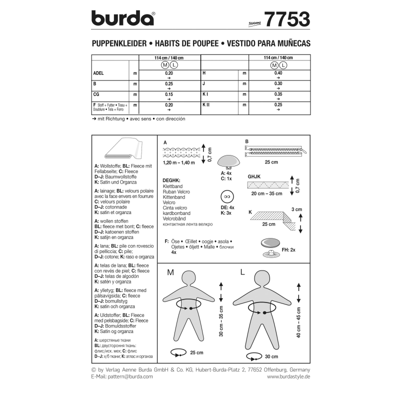Patron Burda Creative 7753 - Vêtements de poupées