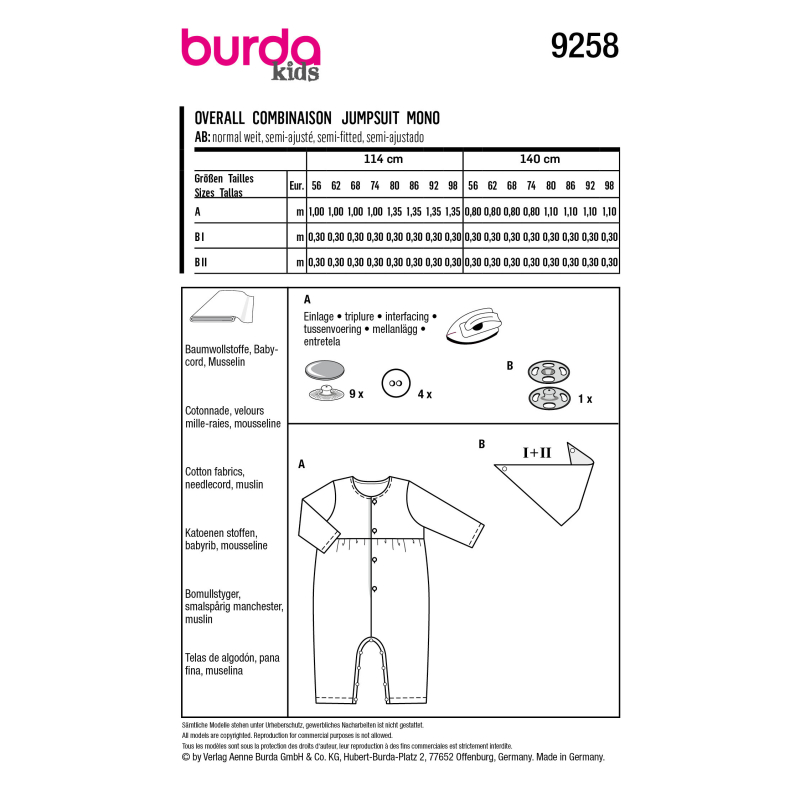 Patron Burda 9258 - Grenouillère et foulard bébé